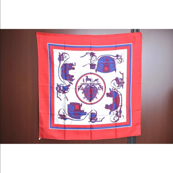 Authentic HERMES Carre 90 Scarf Carriage Motif Silk Red Fort of July colors - Picture 10 of 12